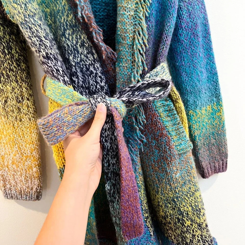 Greylin Rainbow Colorful Knit Fringe Bohemian Preppy Cardigan Tie Waist Cardigan - Picture 4 of 9